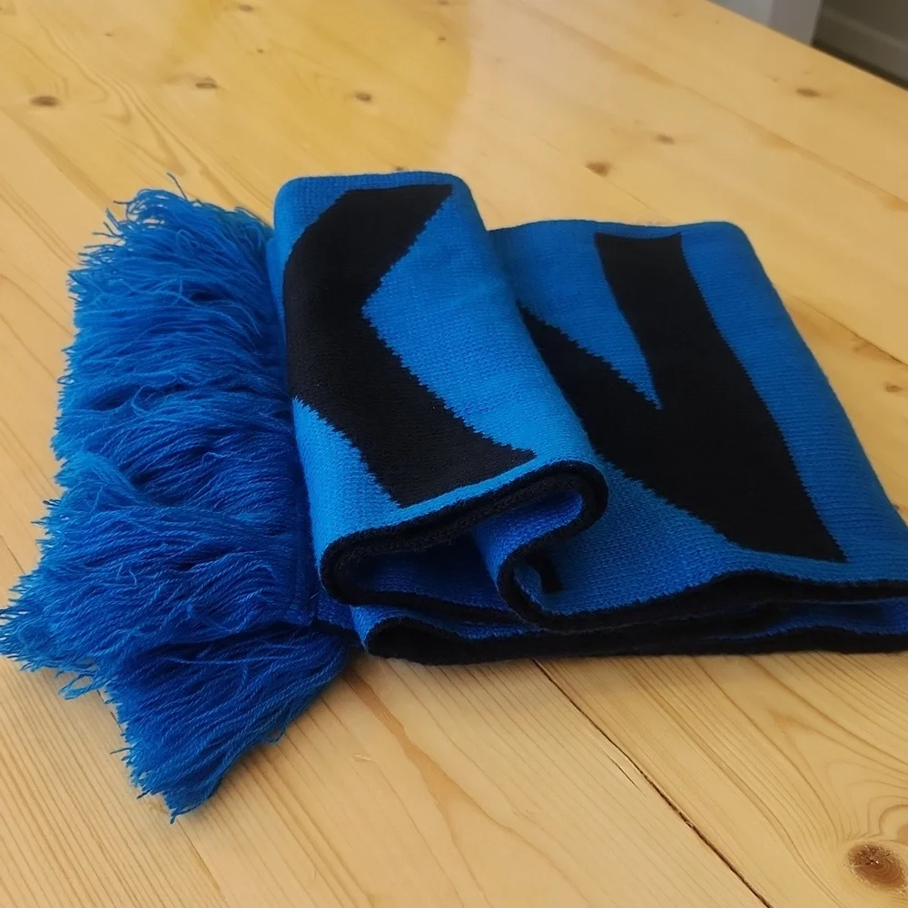DKNY Womens BOLD Logo Fringe Scarf Wrap Black Blue One Size - Picture 10 of 12